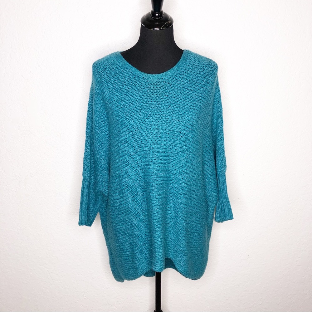 Eileen Fisher teal blue crochet knit organic cotton high low sweater size XL